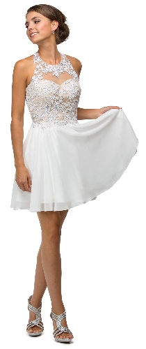 Sheer Lace Bodice Chiffon Short Homecoming Prom Party Dress