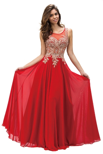 Jewel Embellished Sheer Mesh Top Chiffon Prom Dress