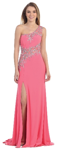One Shoulder Web Beaded Pattern Long Prom Pageant Dress