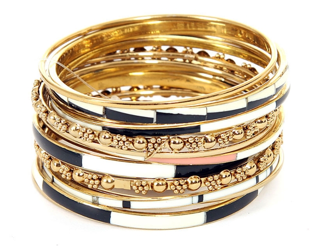 Set of 14 Gold Accented Black/Ivory Bangle Bracelets