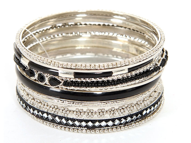 Set of 11 Black/Silver Accented Bangle Bracelets