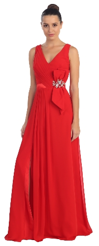 V-Neck Pleated Bow Accent Long Formal Prom Dress