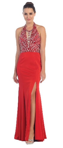 Halter Neck Rhinestones Bust Flared Skirt Long Prom Dress