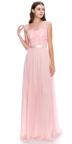 Round Neck Embroidered Lace Mesh Top Long Prom Dress