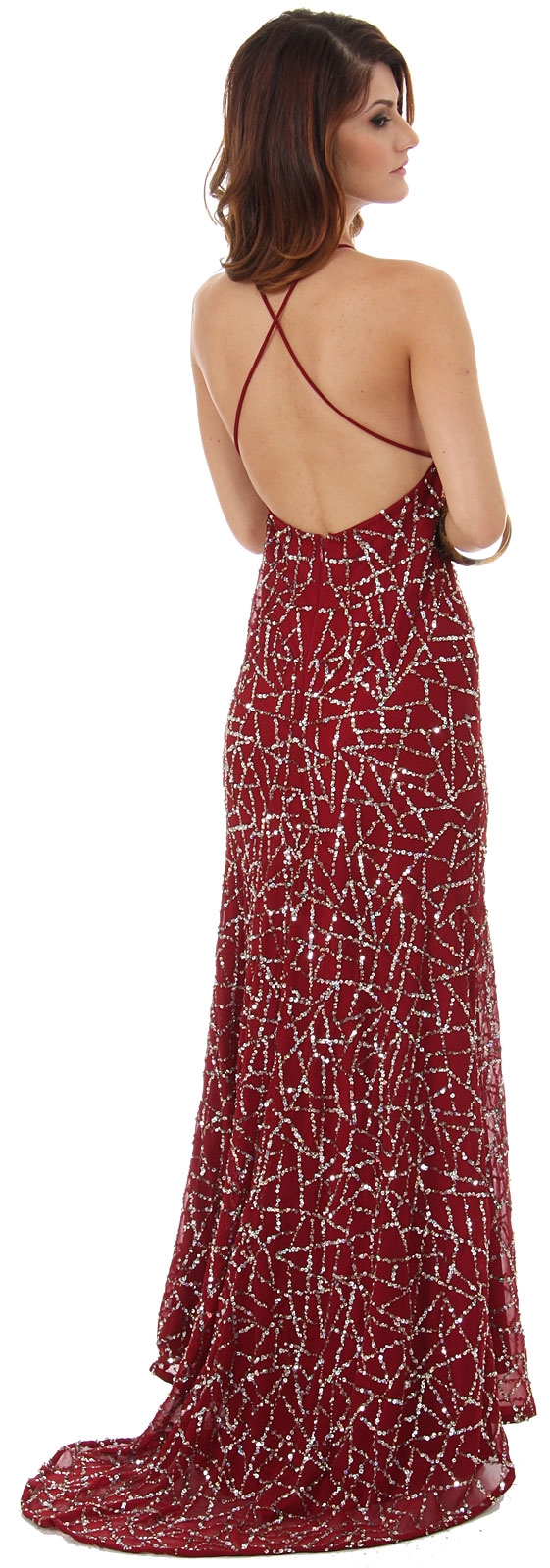 Halter Neck Sequined Long Formal Prom Dress with Train — back in Burgundy