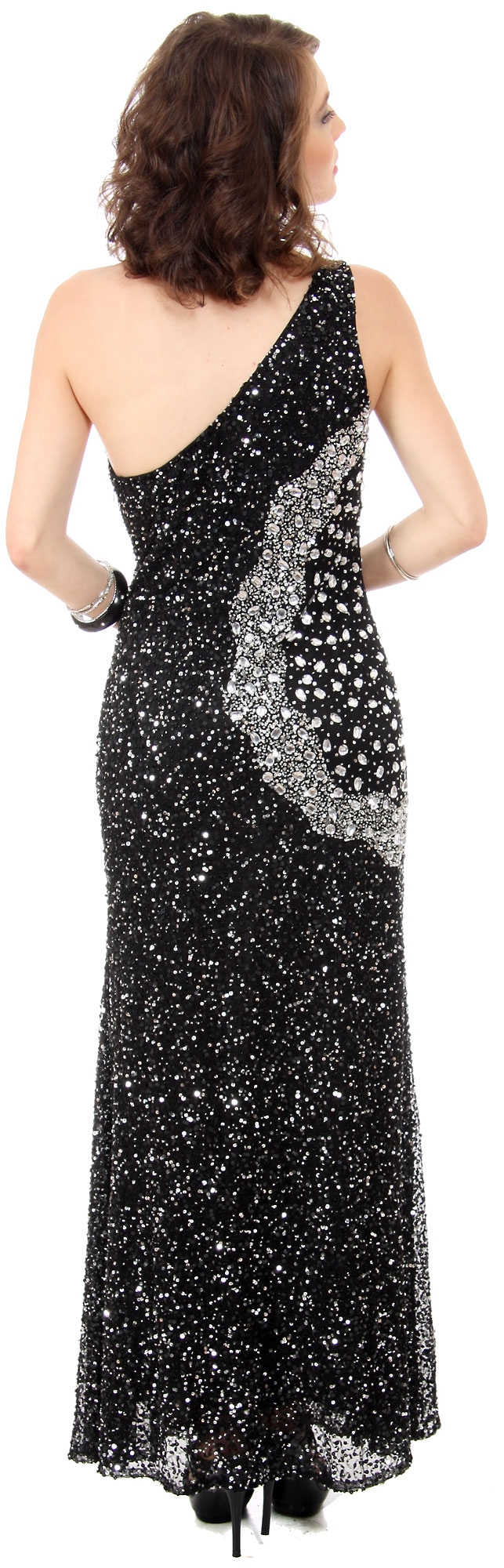 Long Sequined Formal Prom Dress with Rhinestones Waist — back in Black/Silver