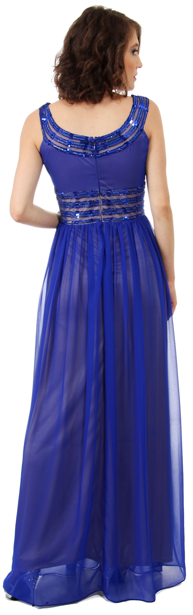 Round Neck Empire Cut Sequined Floor Length Prom Dress — back in Royal Blue/Gold