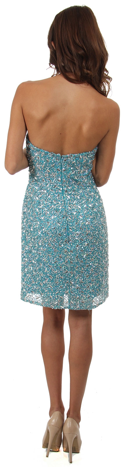 Strapless Sweetheart Neck Short Beaded Prom Dress  — back in Turquoise