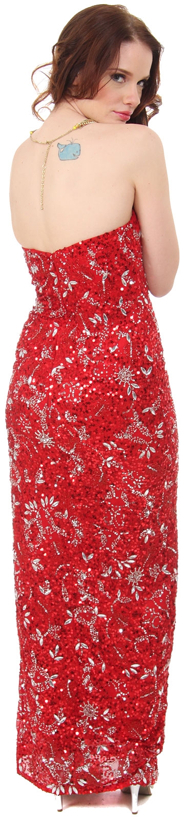 Strapless Sequins & Rhinestones Long Formal Dress with Slit — back in Red/Silver