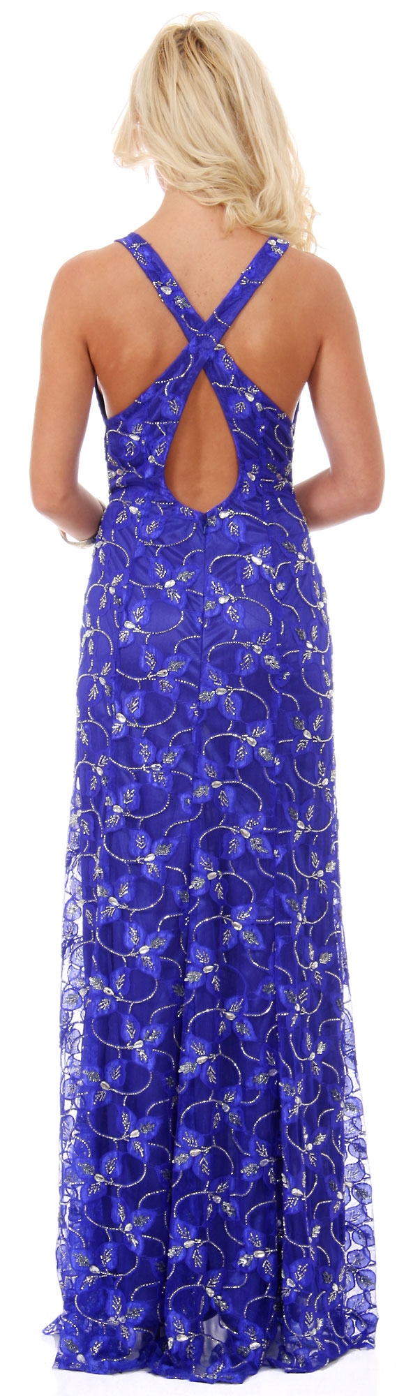Halter Neck Beaded Mesh Long Formal Prom Dress — back in Royal Blue