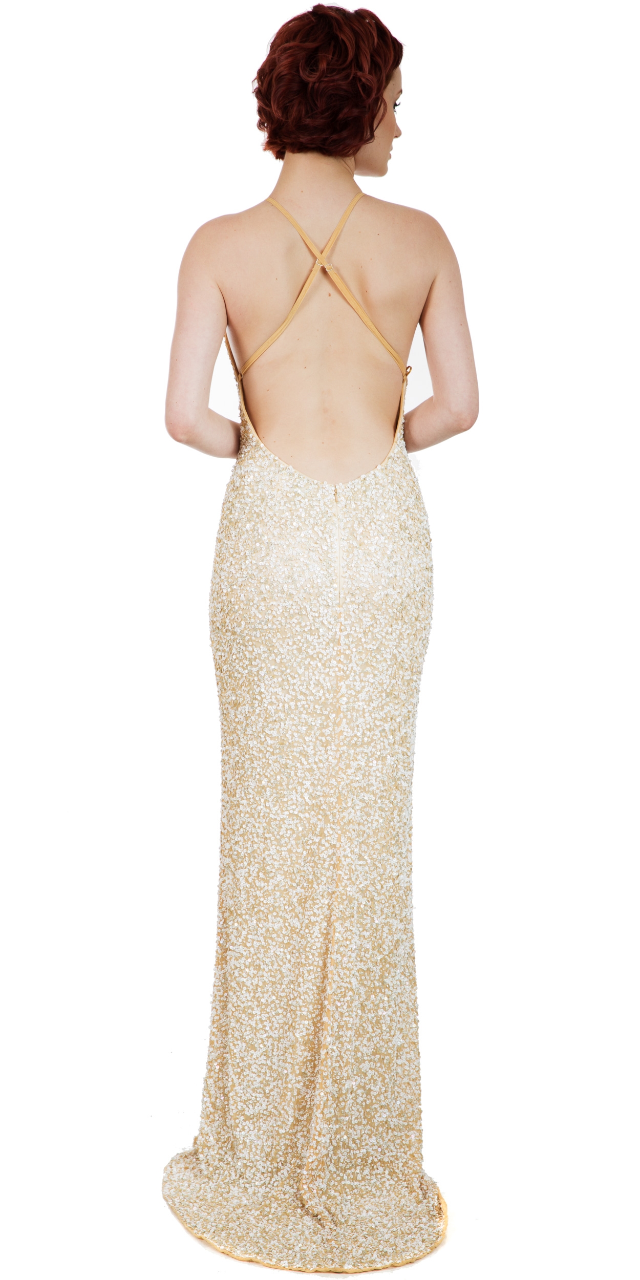 Round Halter Neck Cross Straps Long Sequins Prom Dress — back in Gold