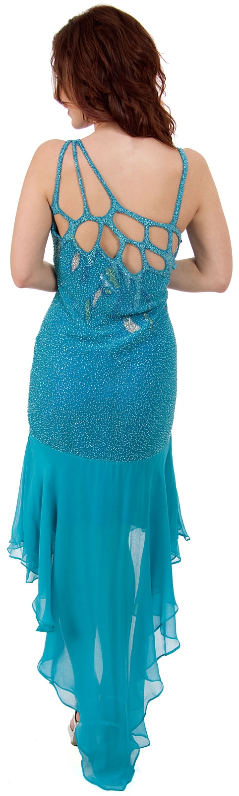 Artistic Mesh Back Beaded Party Dress with Asymmetric skirt — back