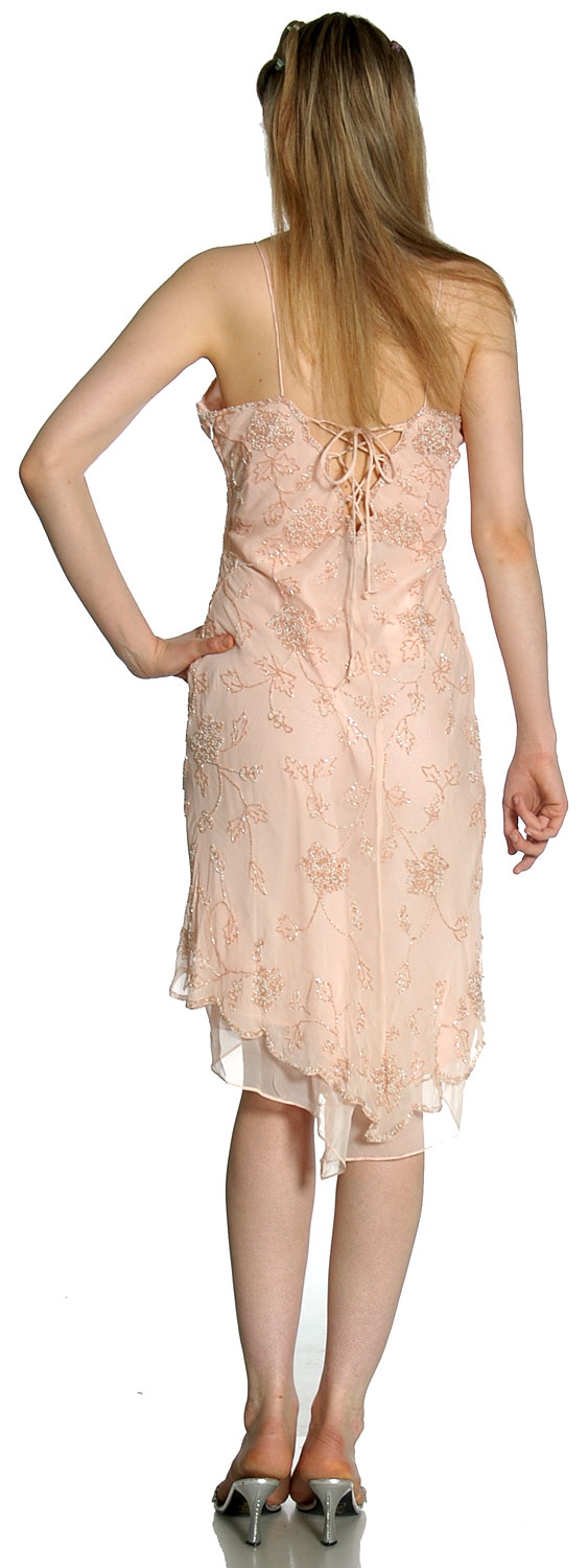 Knee Length Beaded Cocktail Party Dress with Asymmetric Hem — back in Peach