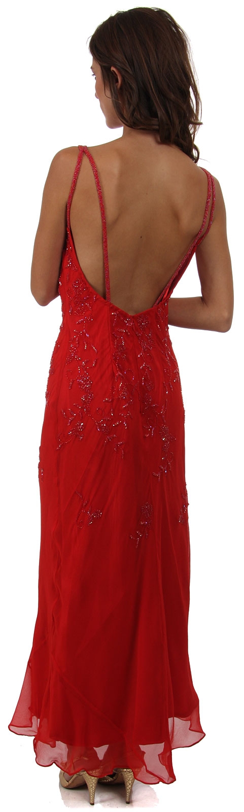 Cowl Neck Double Straps Long Beaded Formal Dress — back
