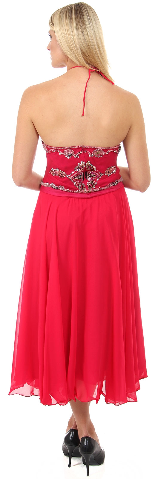 Halter Neck Beaded Formal Dress with Attached Skirt  — back