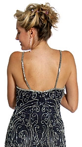 Boat Neck Long Formal Dress with Artistic Beaded Design — back in Navy