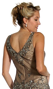 V-Neck Beaded Silk Mother of the bride Dress with Jacket — back in Brown color