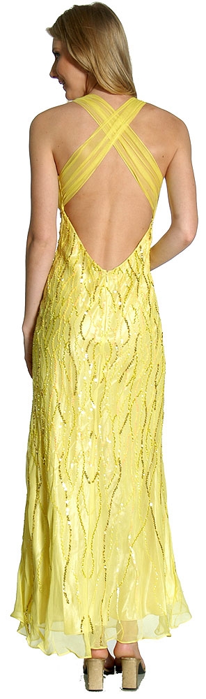 Deep V-Neck Crossed Back Sequined Long Formal Prom Dress — back in Lemon color