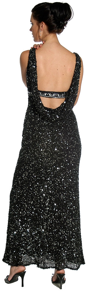 Studded Empress Formal Prom Dress with Shirred Bust — in Black/Silver back view