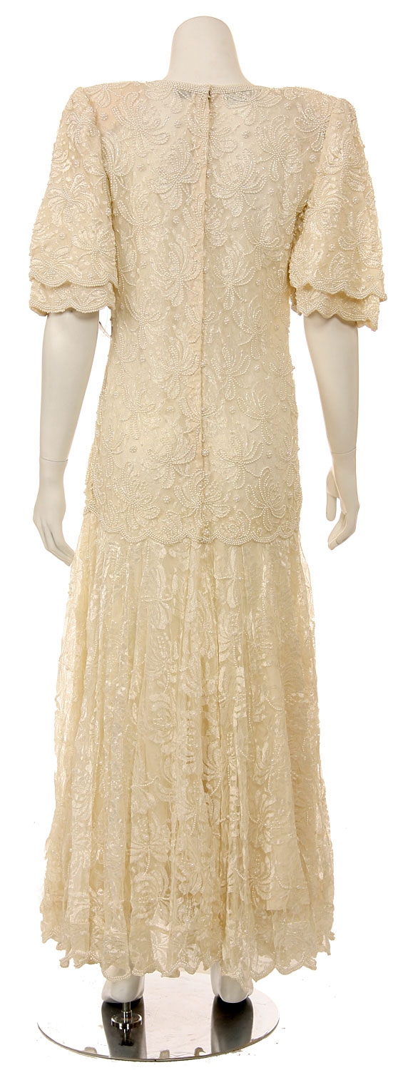 A-line Medium Length Lace Gown with Pearls Beadwork — back