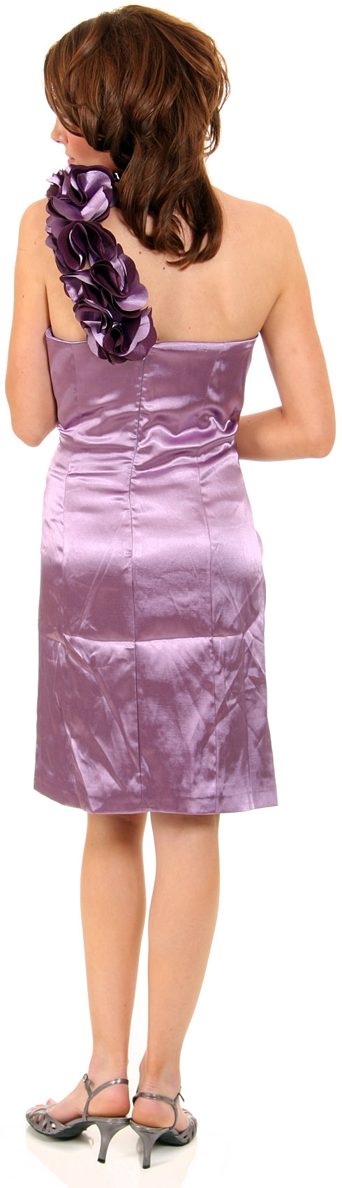 Glossy Short Party Dress With Shoulder Applique   — back
