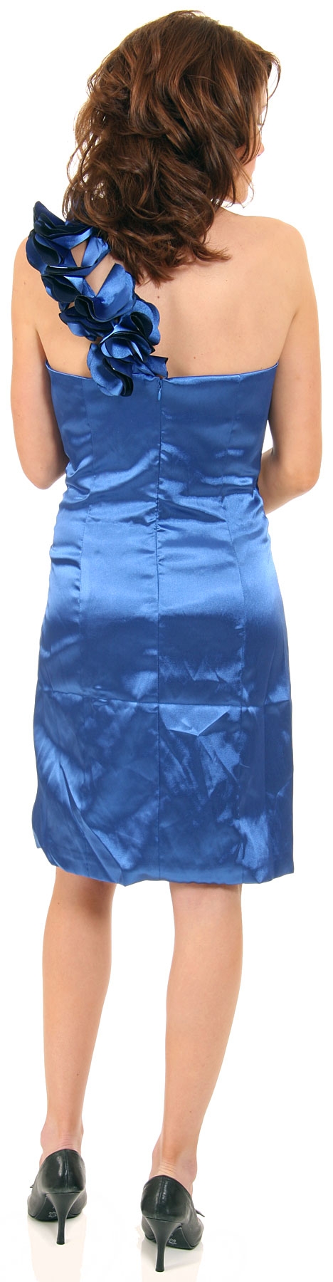 Glossy Short Party Dress With Shoulder Applique   — back in Royal Blue