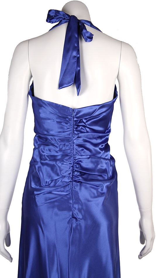 Halter Neck Empire Cut Satin Formal Dress — in Purple back view