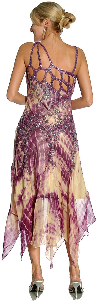 Asymmetric Floral Beaded Cocktail Dress — in Purple back view