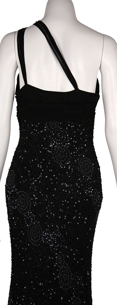 One Shoulder Shirred Bodice Sequined Formal Dress — back view of Black color