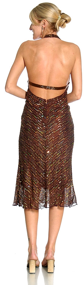 Halter Neck Knee Length Sequined Cocktail Dress — back in Copper