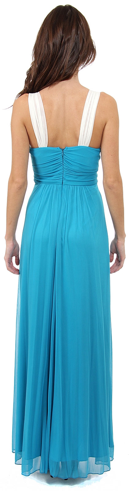 V-Neck Two Tone Long Formal Bridesmaid Dress — back in Turquoise/Ivory
