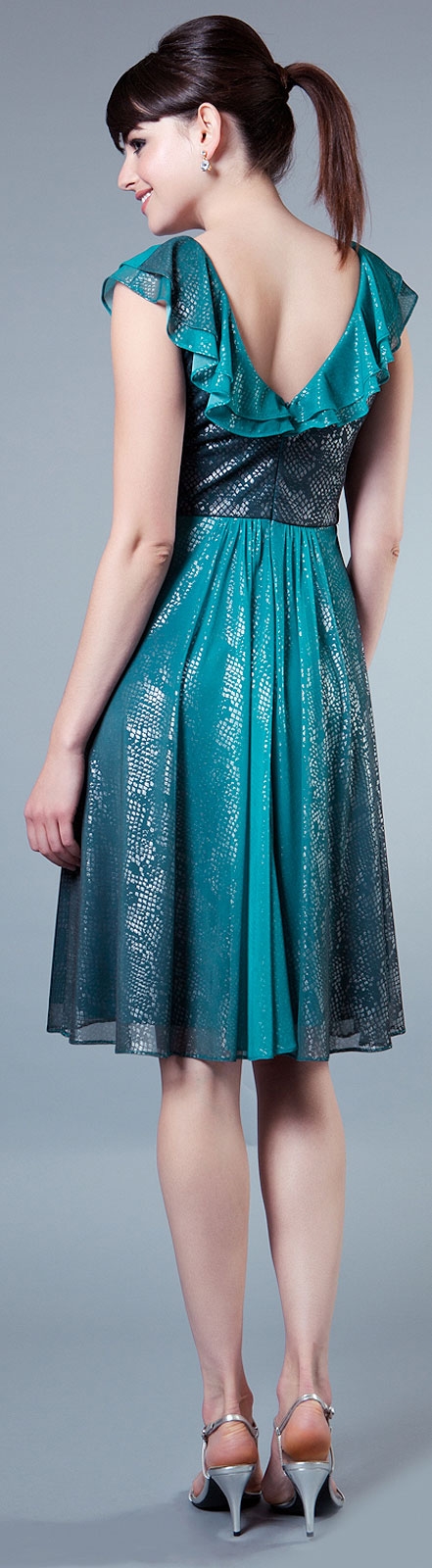 Printed Two Toned Short Dress with Metallic Texture — back