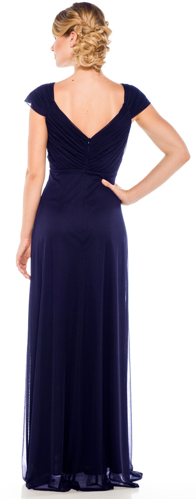 Cap Sleeve Long Formal Dress with Beaded Waist — back in Navy