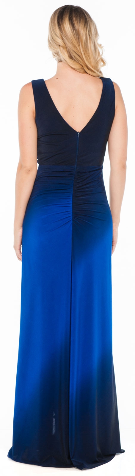 V-neck Wrap Style Ombre Formal Dress with Front Sash — back in Royal Blue