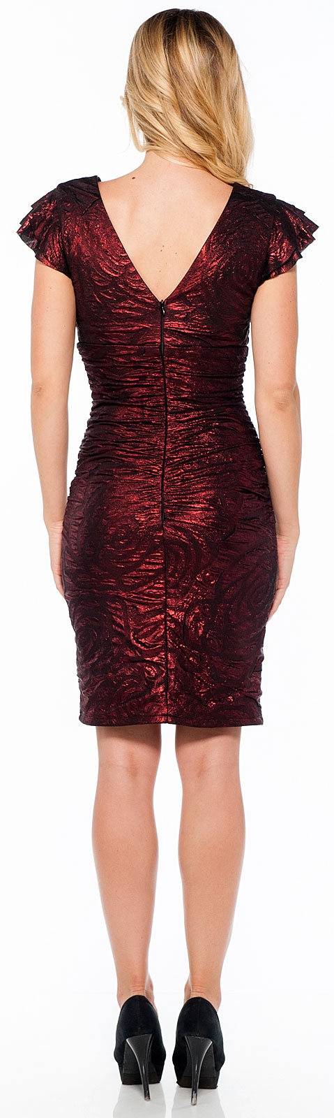 Form Fitting Knee Length Cocktail Dress with Cap Sleeves — back