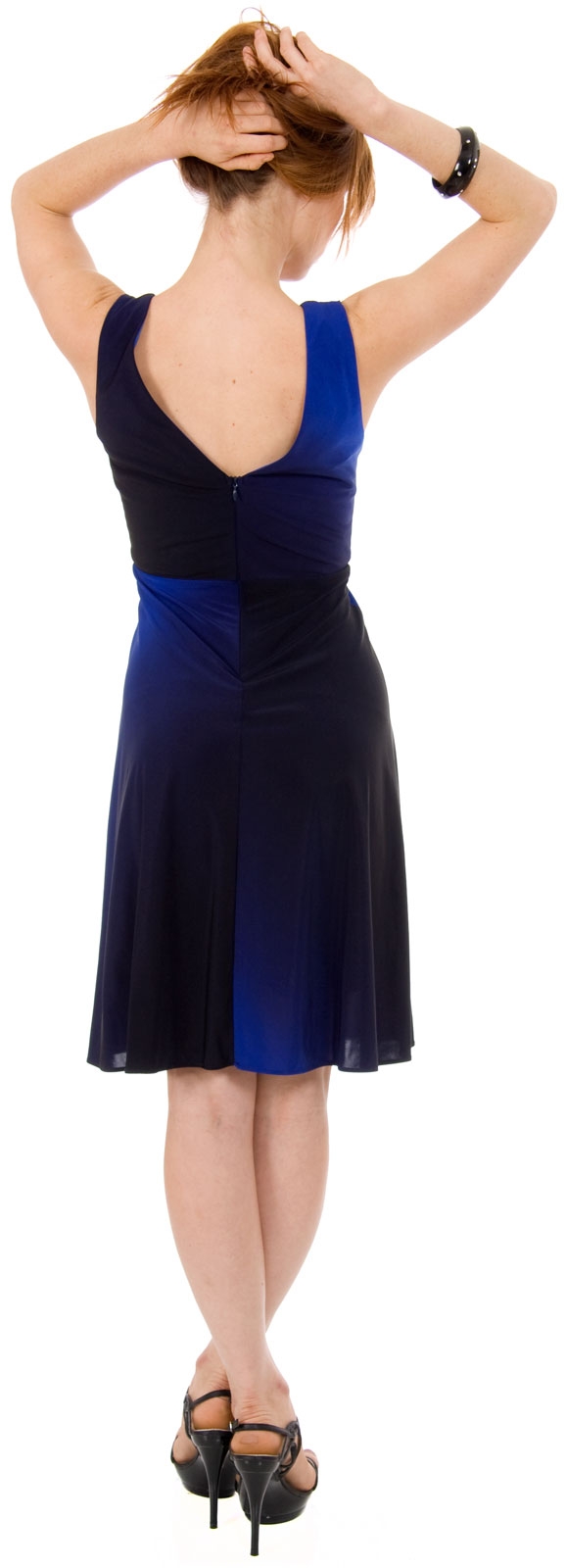 V-neck Short Sleeveless dress with Braid at waist — back in Royal Blue