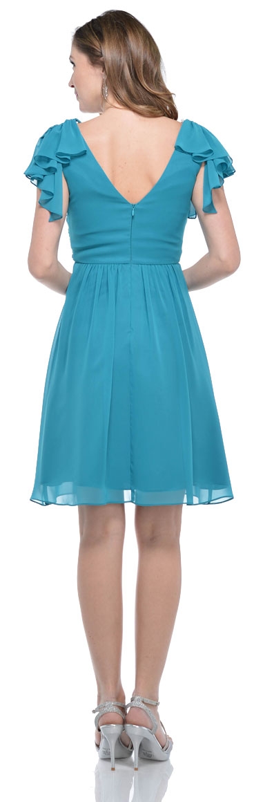 Wrap Style Short Party Dress with Ruffled Sleeves — back