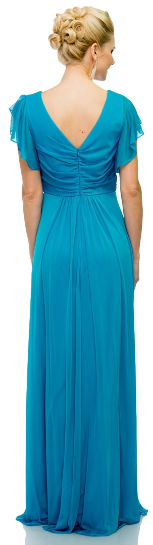 V-Neck Long Formal MOB Dress with Flutter Sleeves — back in Dark Turquoise