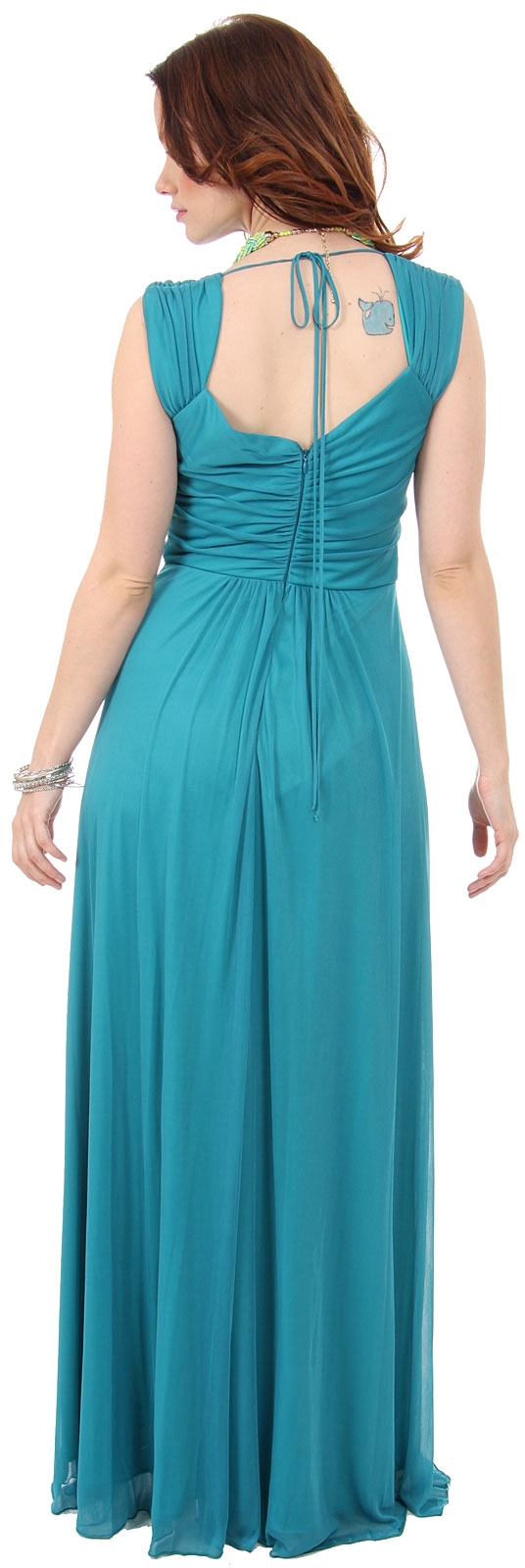 V-Neck Long Formal Dress with Cap Sleeves & Front Slit — back in Jade Green