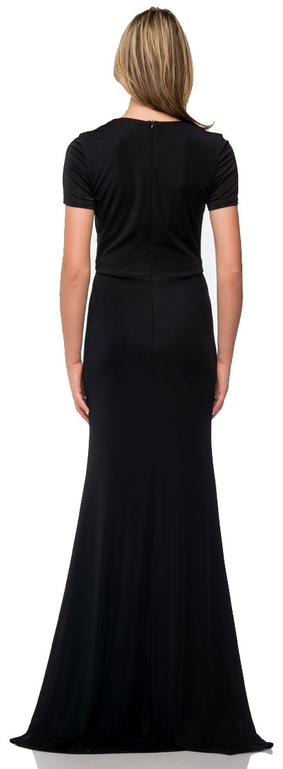 Short Sleeve V-neck Beaded Waist Long Formal Dress — back