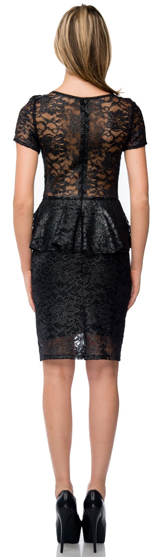 Metallic Lace Peplum Top Fitted Short Cocktail Party Dress — back