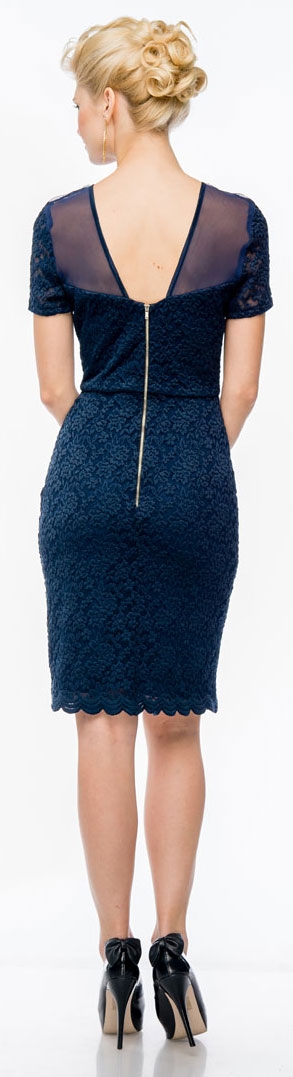Short Sleeves Form Fitting Short Formal Party Dress in Lace — back in Navy