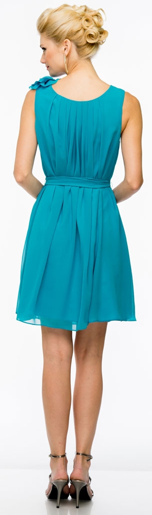 Pleated Short Party Dress with Floral Shoulder & Waist Sash — back