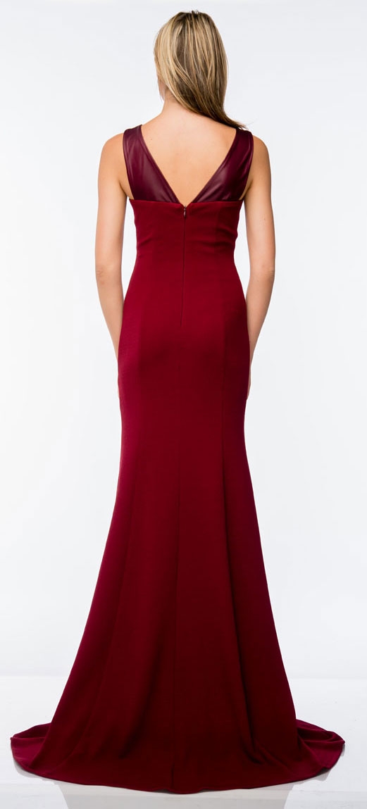 Faux Leather Panel Fitted Long Formal Evening Dress — back