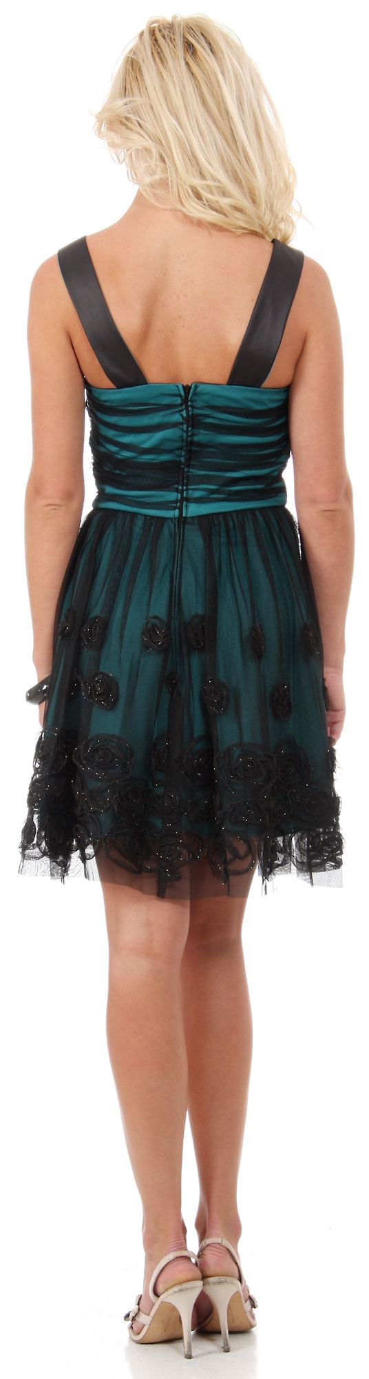 Rosette Pattern Short Formal Party Dress in Mesh — back in Black/Teal