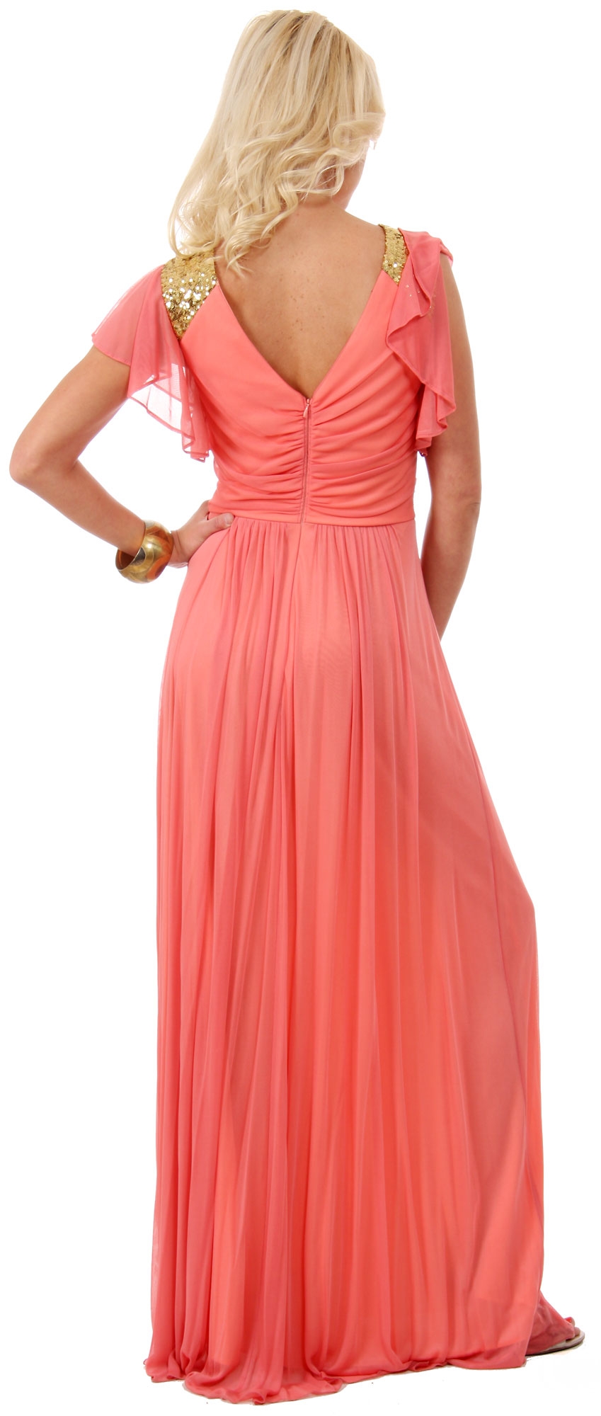 Ruffle Sleeves Long Formal Bridesmaid Dress with Sequins — back in Coral