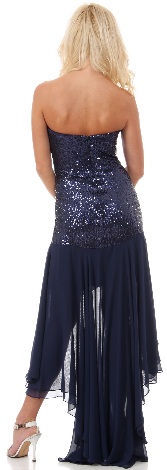Strapless Sequins Bodice High Low Formal Evening Party Dress — back in Navy