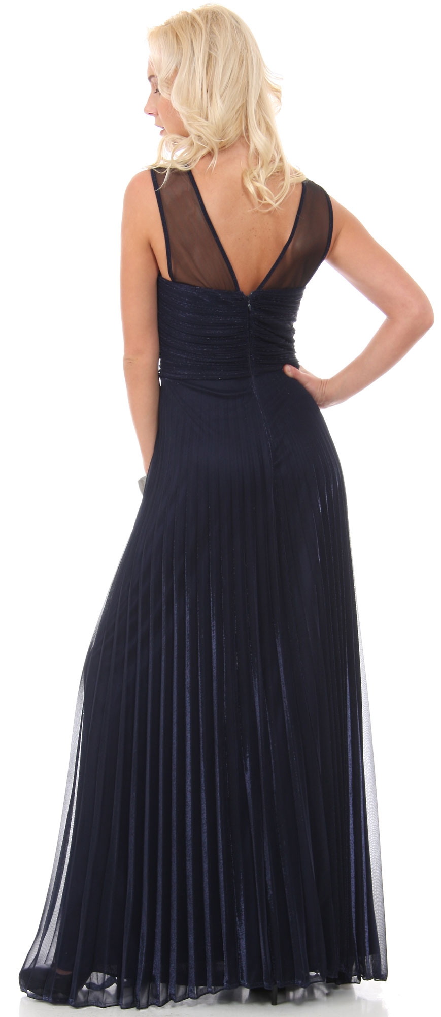 Sheer Neckline Metallic Long Formal Evening Dress — back in Navy