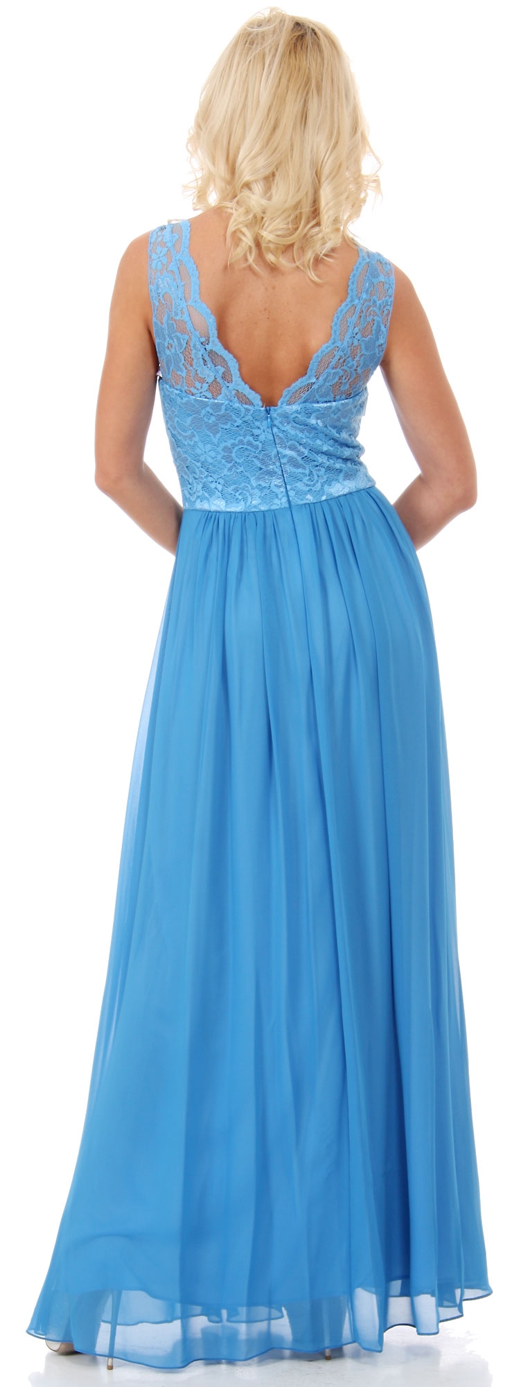Scalloped Boat Neck Lace Long Formal Bridesmaid Dress. — back