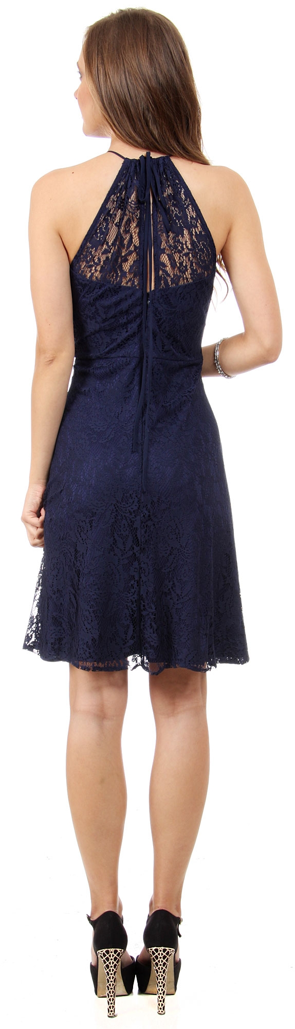 Halter Neck Floral Lace Short Bridesmaid Party Dress — back in Navy